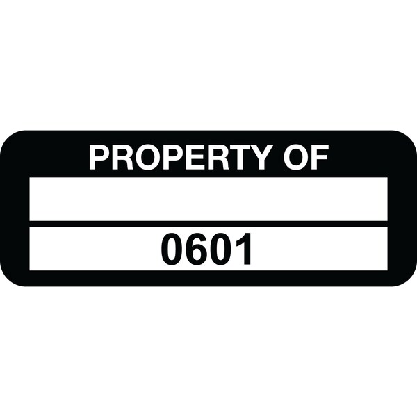 Lustre-Cal Property ID Label PROPERTY OF Polyester Blk 2in x 0.75in 1 Blank Pad&Serialized 0601-0700, 100PK 253744Pe2K0601 - main
